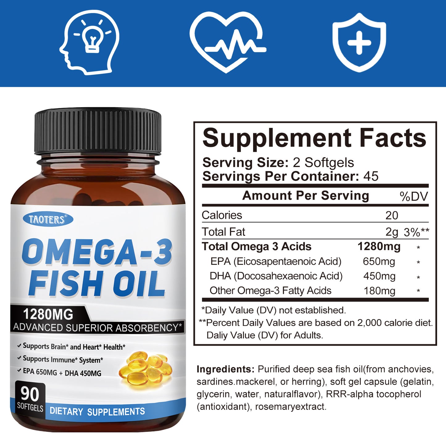 Omega-3 Fish Oil 1280mg – EPA DHA Supplement for Heart, Brain & Immune Support
