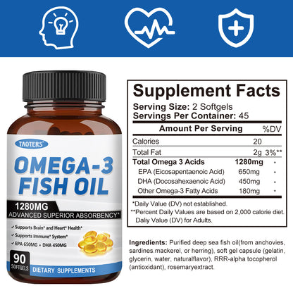 Omega-3 Fish Oil 1280mg – EPA DHA Supplement for Heart, Brain & Immune Support