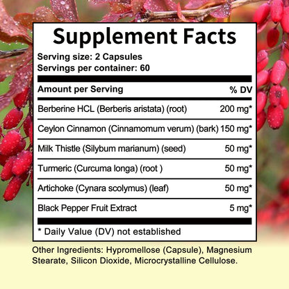 Taoters® Berberine Supplement with Ceylon Cinnamon 6-in-1 – Includes Milk Thistle, Turmeric, Artichoke Leaf & Black Pepper (30 Veggie Capsules)