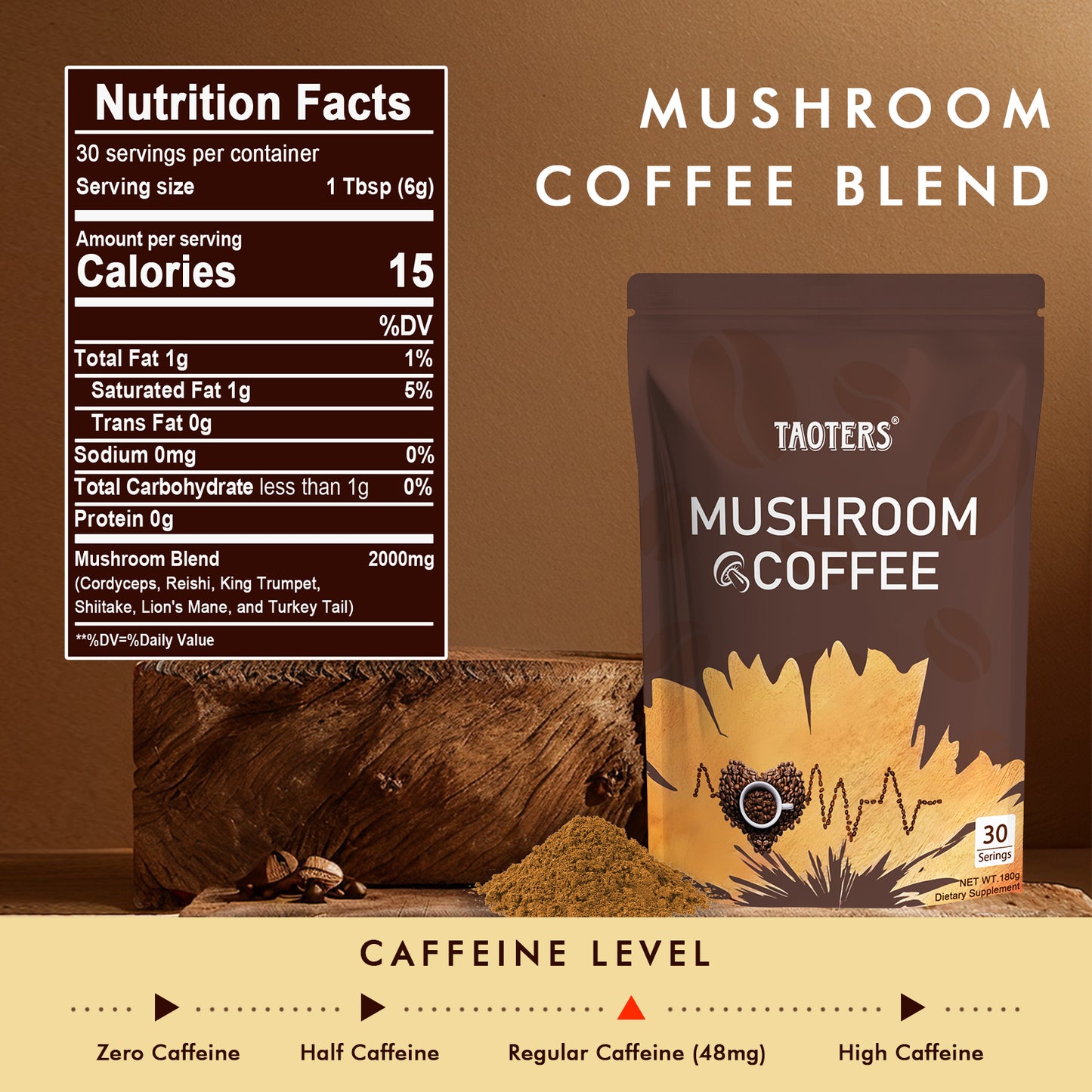 Taoters  Adaptogenic Mushroom Coffee – Focus, Energy & Immune Support with Lion’s Mane, Cordyceps & Reishi – 30 Servings