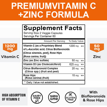 Taoters® Zinc and Vitamin C Capsules with Bioflavonoids & Rose Hips for Immune Support