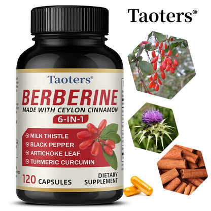 Taoters® Berberine Supplement with Ceylon Cinnamon 6-in-1 – Includes Milk Thistle, Turmeric, Artichoke Leaf & Black Pepper (30 Veggie Capsules)