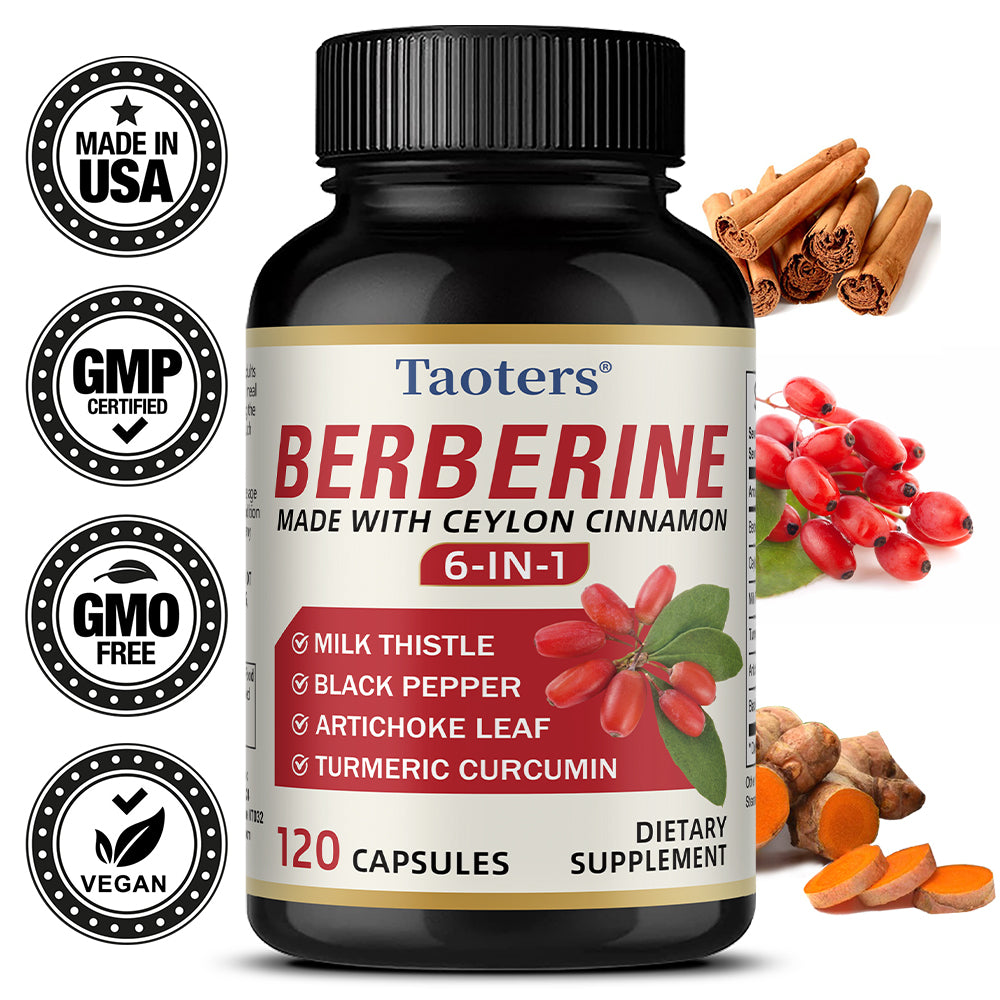 Taoters® Berberine Supplement with Ceylon Cinnamon 6-in-1 – Includes Milk Thistle, Turmeric, Artichoke Leaf & Black Pepper (30 Veggie Capsules)