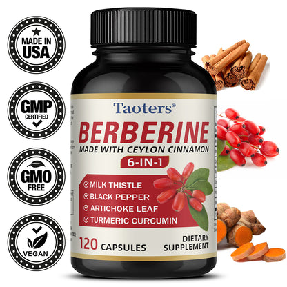 Taoters® Berberine Supplement with Ceylon Cinnamon 6-in-1 – Includes Milk Thistle, Turmeric, Artichoke Leaf & Black Pepper (30 Veggie Capsules)