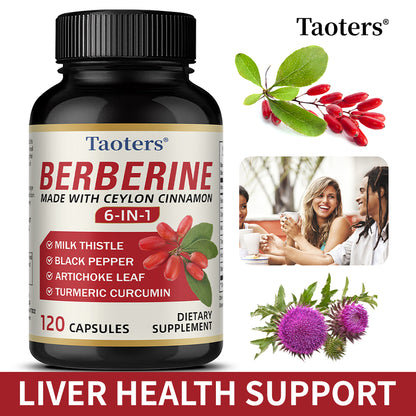 Taoters® Berberine Supplement with Ceylon Cinnamon 6-in-1 – Includes Milk Thistle, Turmeric, Artichoke Leaf & Black Pepper (30 Veggie Capsules)